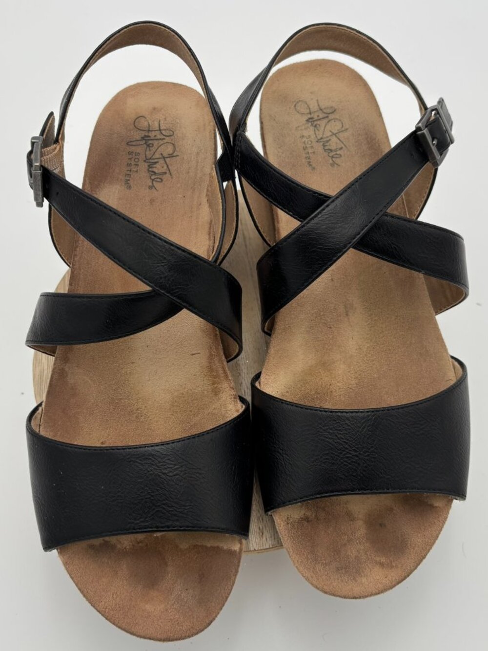 LifeStride Maple Black Faux Leather Strappy Slingback Cork Wedge Sandals 9W